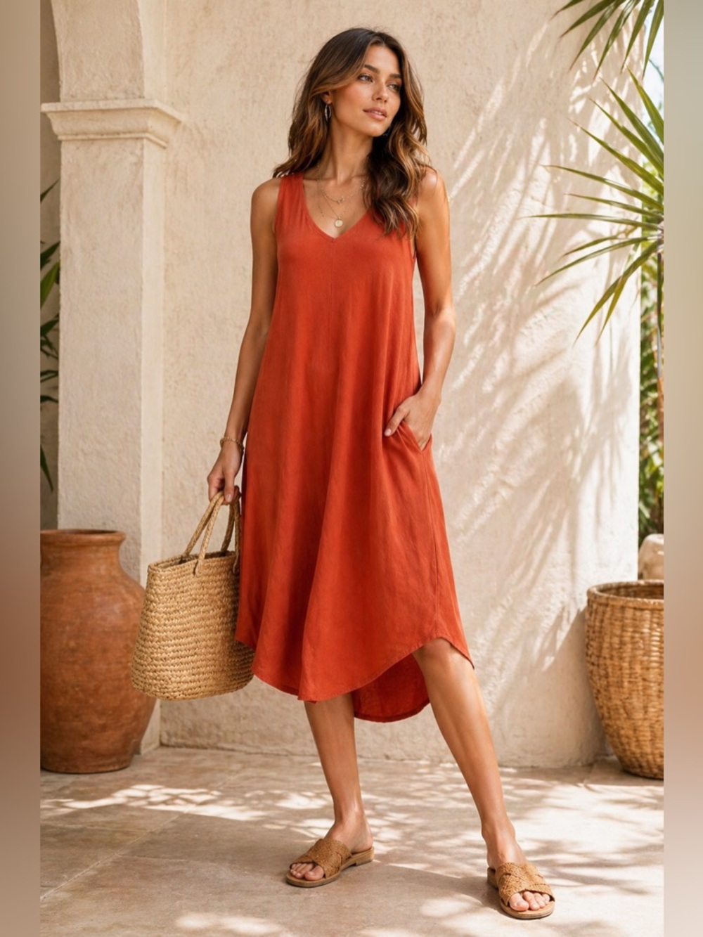 Jolie Orange Linen Blend Swing Midi Dress Pockets Summer Coastal M